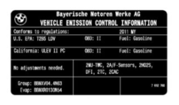 BMW Vehicle Emission Control Information Sticker Label Decal