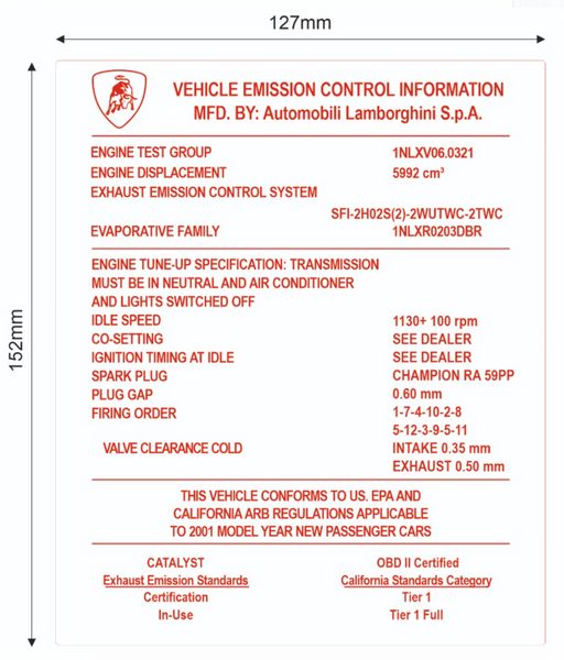 Lamborghini Diablo VT USA 6.0 Vehicle Emission Control Information Automobili 1NLXV06.0321 Sticker Label Decal