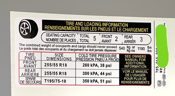 Tire and loading information sticker label decal for Porsche Panamera 3.6L Model 970 G1 1st Gen. Year 2010 - 2013, Facelift 2014-2016 Premium Quality