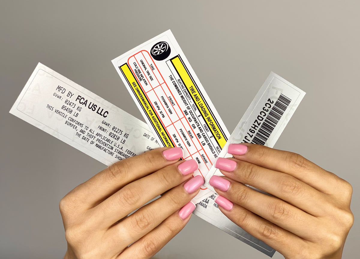 VIN Number, Windshield & Tire Loading Information Plates Stickers Set
