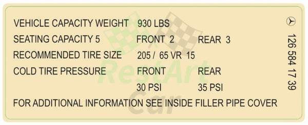 Setting Capacity Sticker Vehicle capacity weight Seating capacity Tire size Sticker Mercedes-Be ...