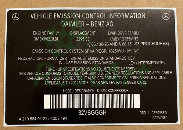 Vehicle Emission Control Information Daimler Benz Mercedes 