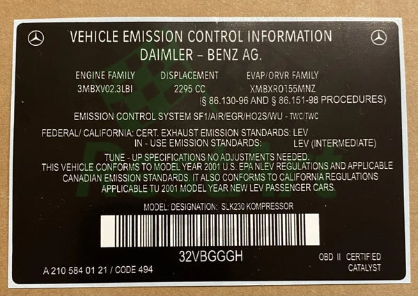 Mercedes-Benz Vehicle Emission Control Information Sticker Label Decal for All Models