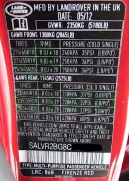 Land Rover Car Tag Set of 4 Labels VIN# Number for Door jam Windshield Tire&Loading Emiss ...